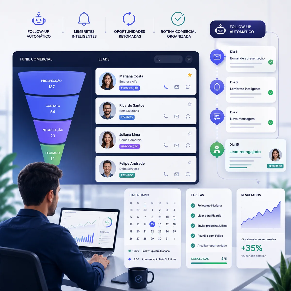Funil comercial com leads, calendário, tarefas e rotina de follow-up no WhatsApp